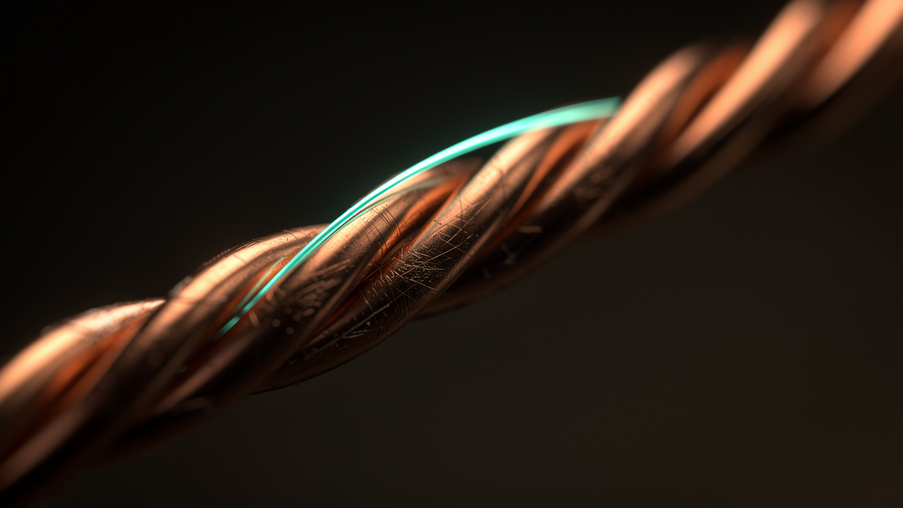 A copper electrical conductor with a single bright charge running along it