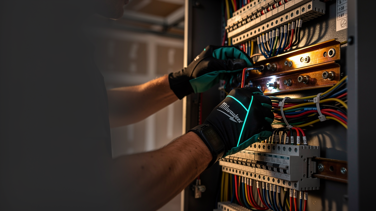 An electrician's hands working at an open residential electrical panel in warm Phoenix light