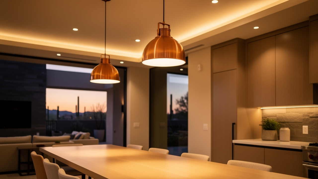 Warm modern lighting glowing in a Phoenix home interior at dusk