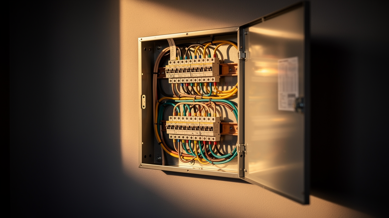 A freshly installed electrical panel with organized, labeled wiring