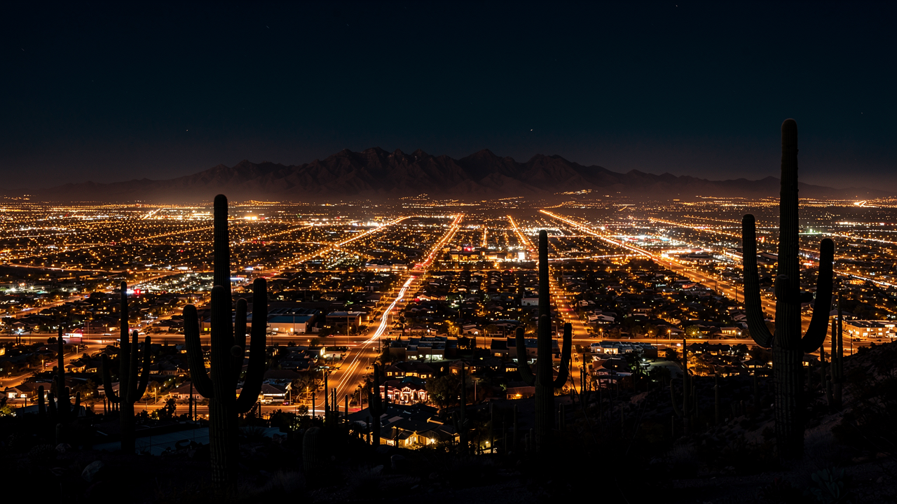 The Phoenix valley lit up at dusk with saguaro silhouettes