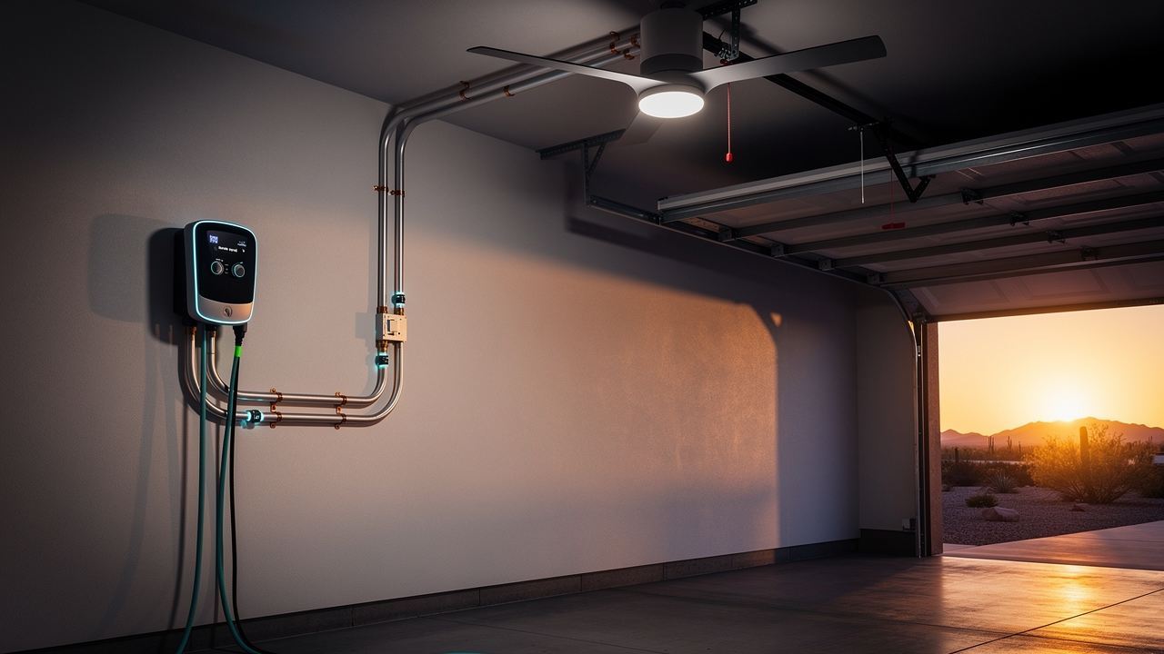 An EV charger and ceiling fan being wired in a bright Phoenix garage at dusk